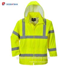 Custom Safety Hi Vis ANSI Reflective Tape Hood Waterproof Rain Jacket Lightweight High Visibility Security Raincoat Hooded